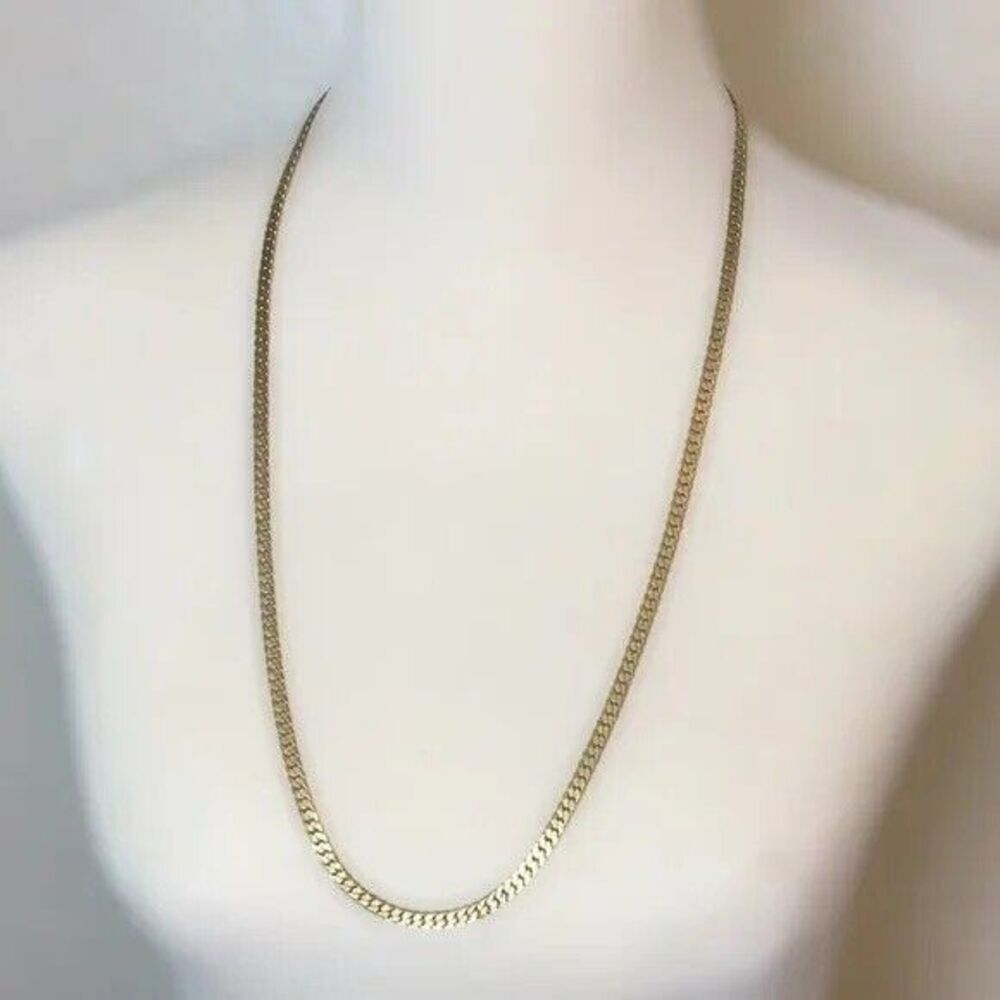 Vintage Flat Curb Chain Necklace Gold Tone 28 Inch